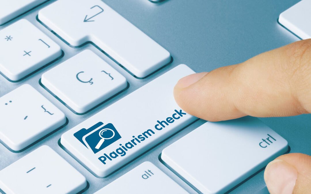 A plagiarism checker button on a keyboard