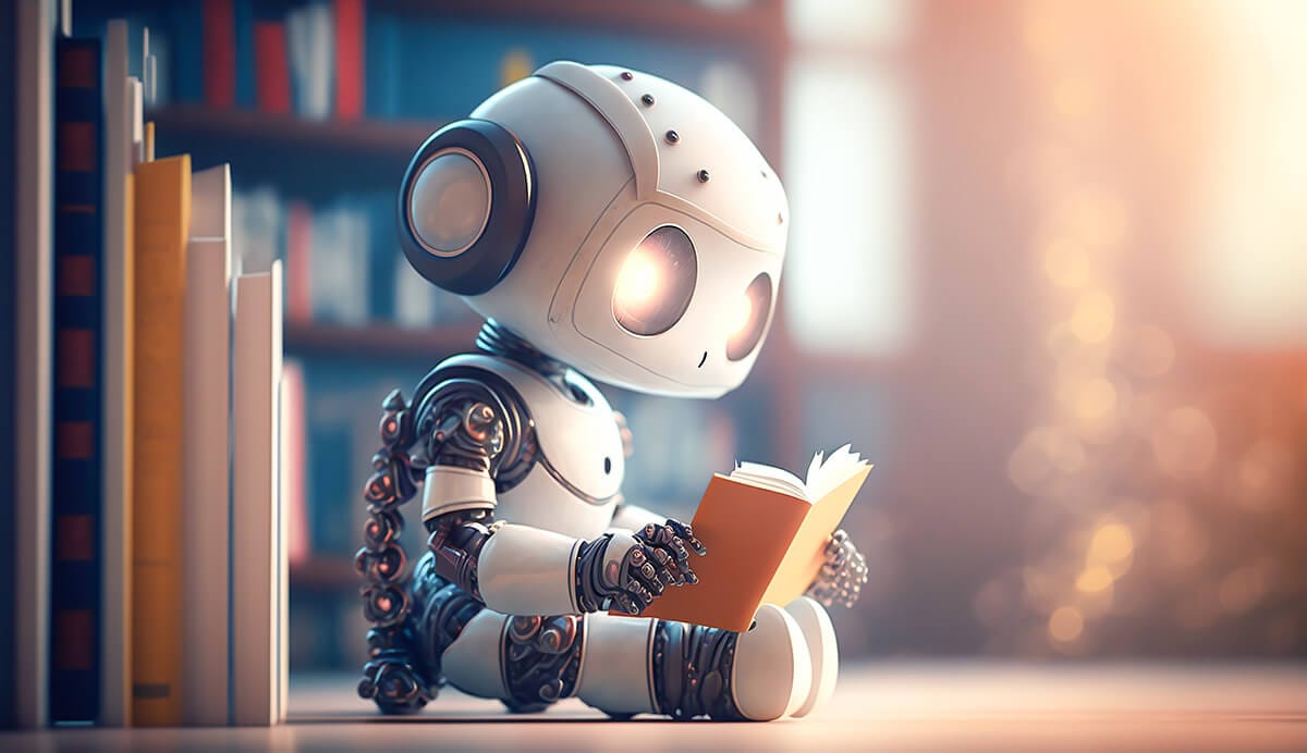 An illustration of a robot learning by reading a book